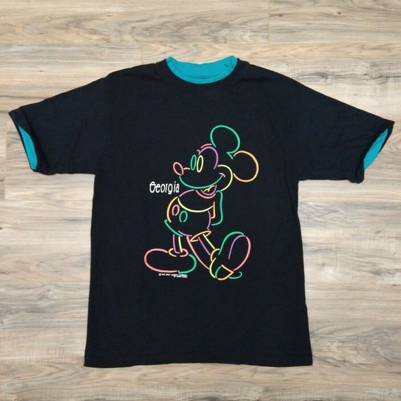 Vintage 80s Velva Sheen Mickey Mouse Georgia T-shirt Neon Men's Large (Fits M) - Picture 1 of 4